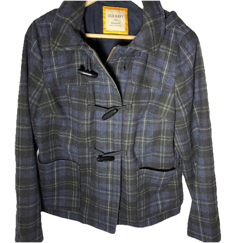OLD NAVY WOOL BLEND BLUE CHECKERED DUFFEL COAT WITH HOOD ZIP TOGGLES SIZE MEDIUM